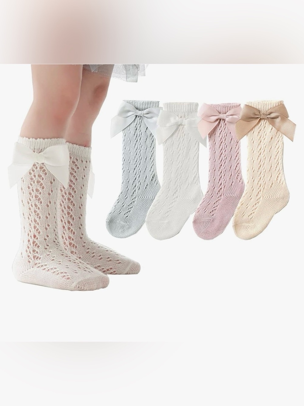 New 4-Pack Toddler Baby Girl Pointelle Knit Knee High Bow Socks